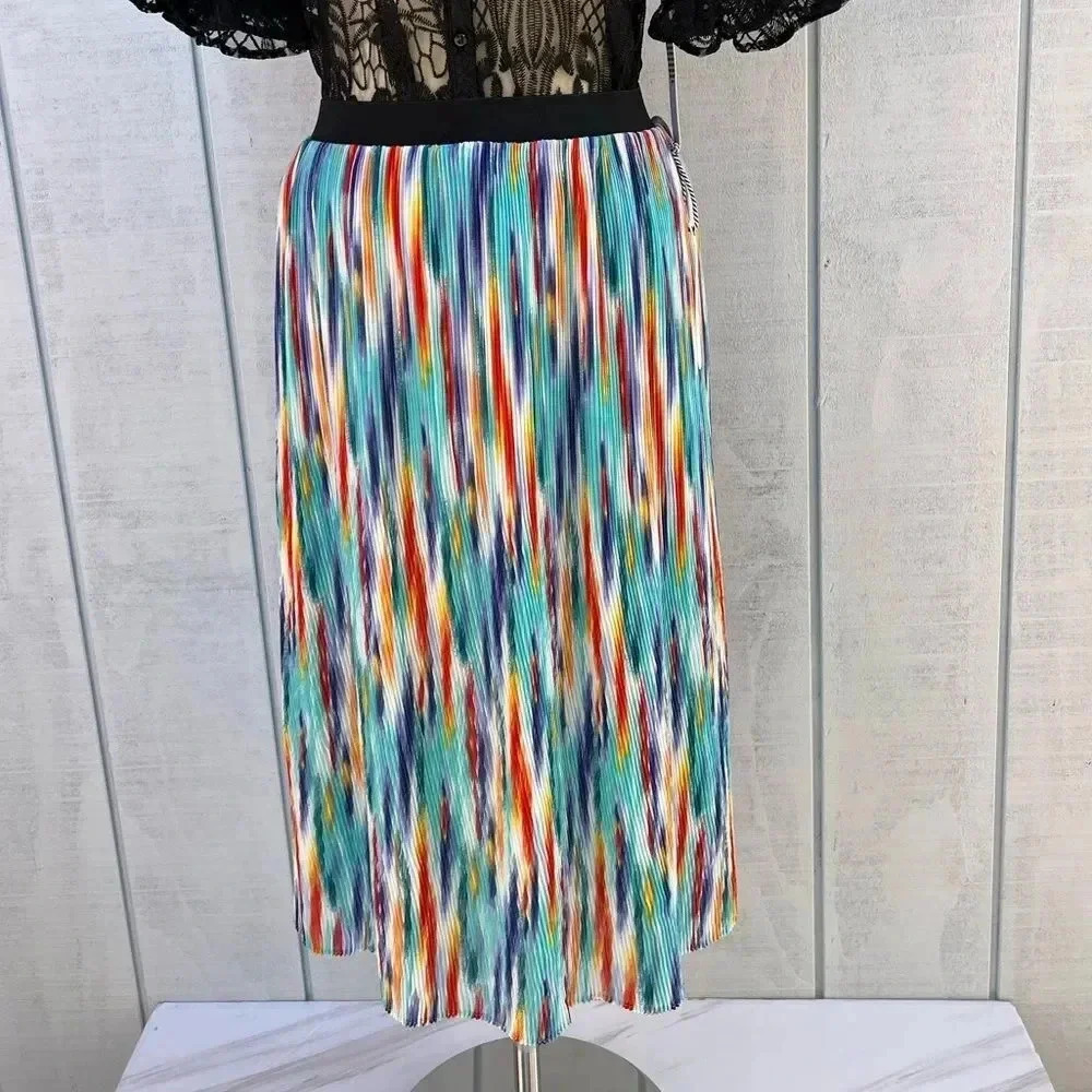 Story On Pleated Midi Skirt Multicolored Print Lined Sheer Elastic Waist - Picture 2 of 10
